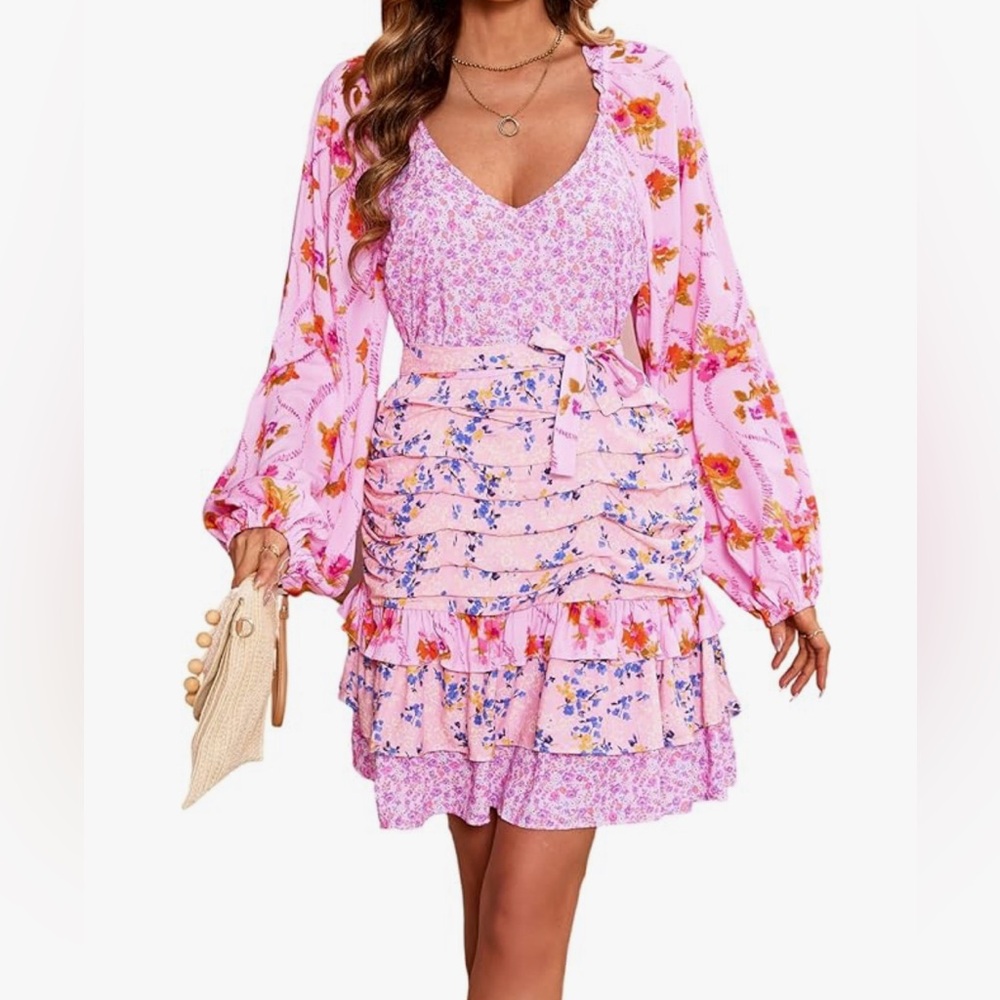 Women’s Pink Floral Boho Ruffle Dress R Vivimos XL NWT!!